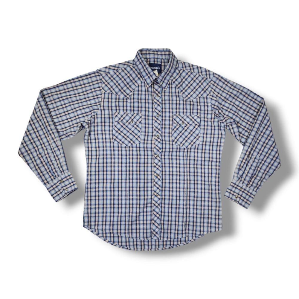Wrangler Wester Blue Plaid Pearl Snap Long Sleeve Shirt Men's Size L MVG015M